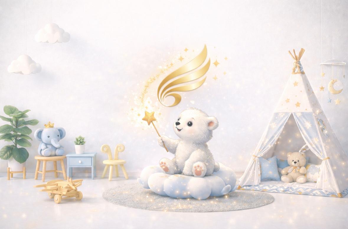 Children's room with a teddy bear, teepee, and toys on a light background